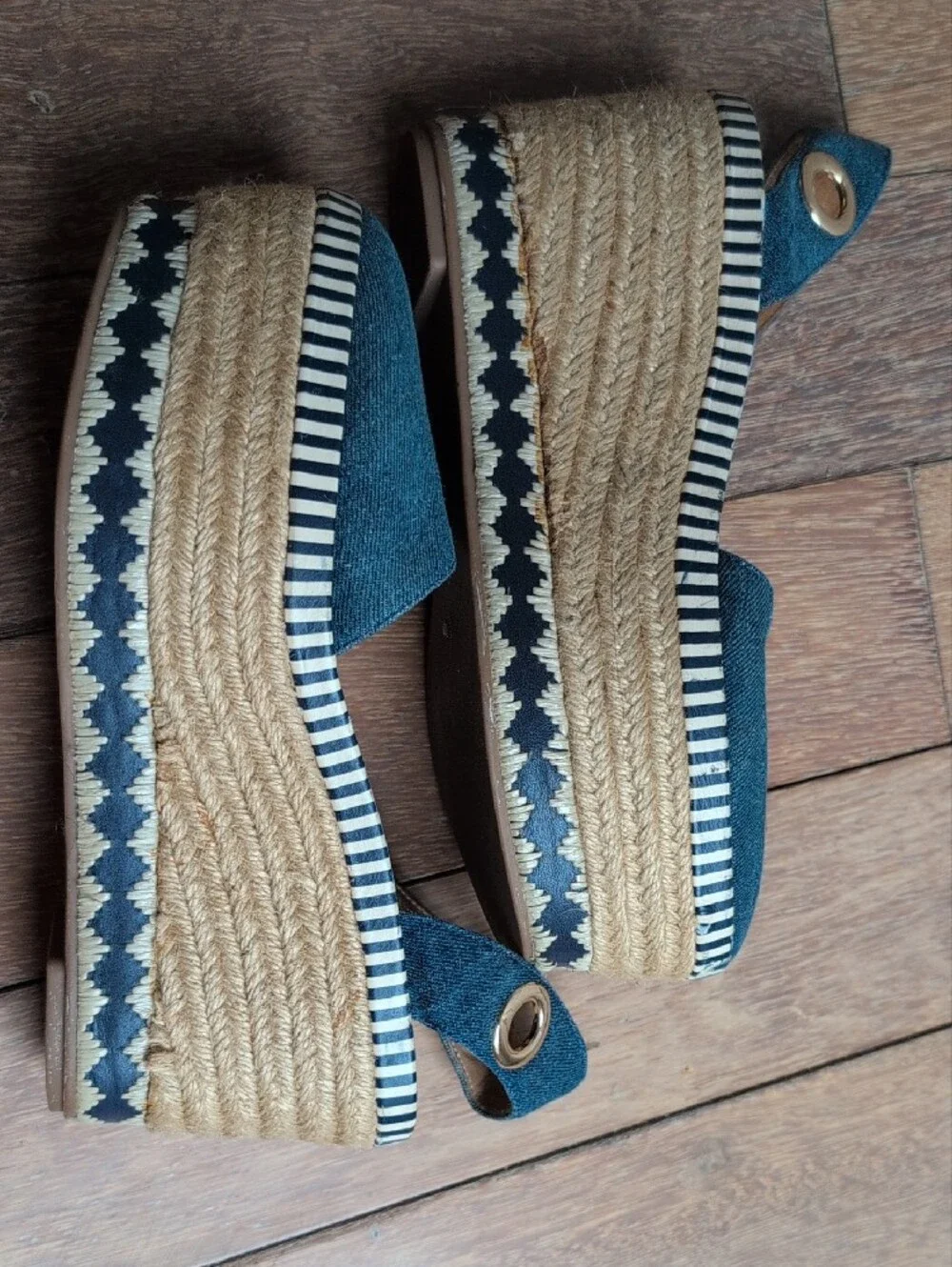 Tory Burch Blue Jean  Espadrille Wedge Sandals with Gold Accent Size 7
